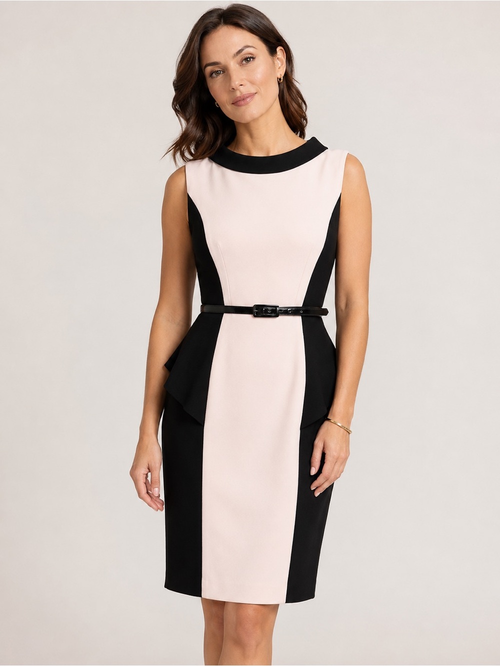 Teri Jon by Rickie Freeman Blush Pink and Black Peplum Sheath Dress Size 12